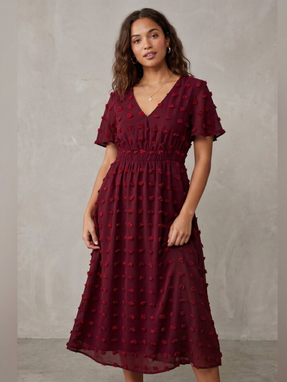 NWOT | Burgundy Red Swiss Dot V-Neck Flutter Sleeve Smocked Dress | Small